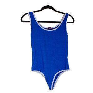 NWT AQ SPORT Womens Medium Blue Bodysuit White Trim Sporty Preppy Stretch
